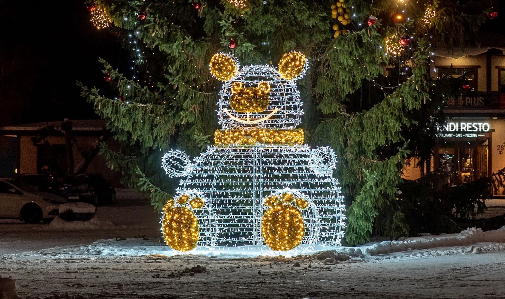 Işıklı Noel Baba ve Oyuncak Ayı - dış mekan LED ışık süsleme uygulaması