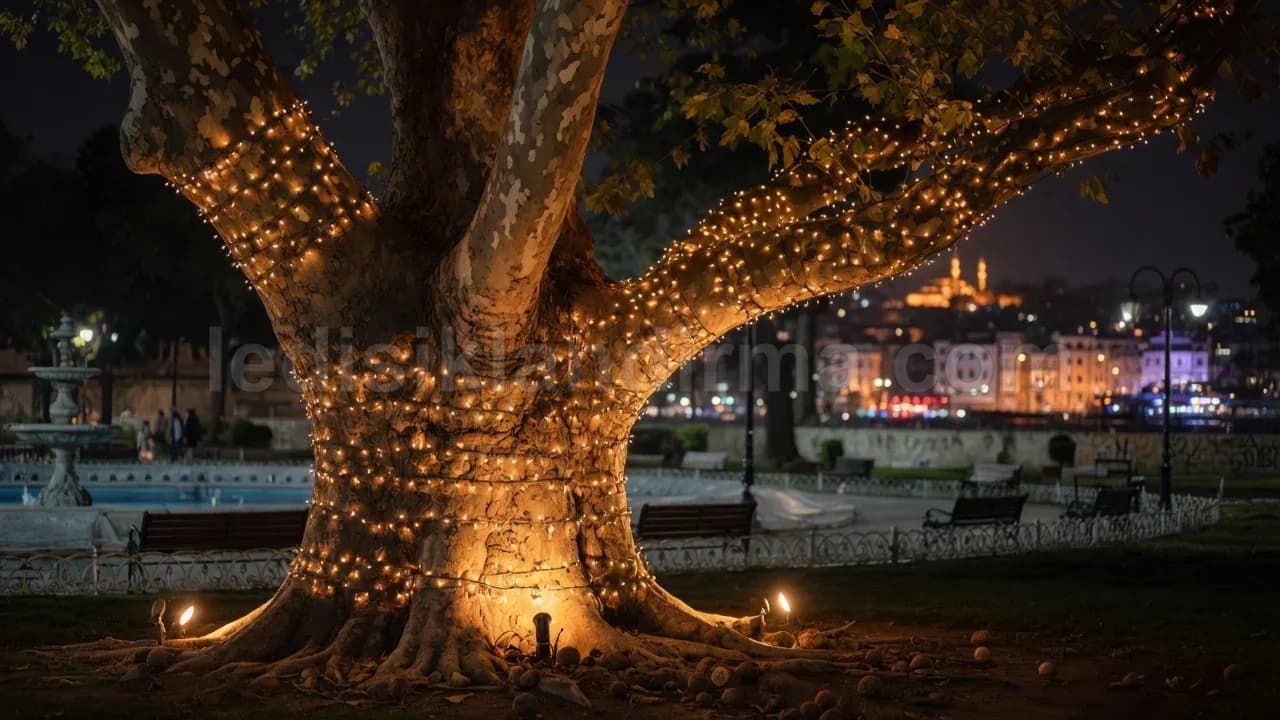 Menderes - Park alaninda govdesi ipsi LED ile sarili dev agac