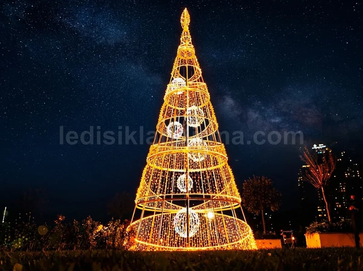 Elmalı - Parkta dev altin LED koni yilbasi agaci