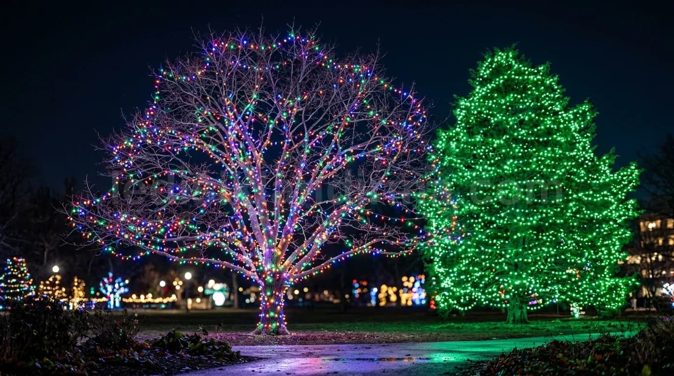 Keçiören - Parkta renkli ve yesil LED sarili agaclar