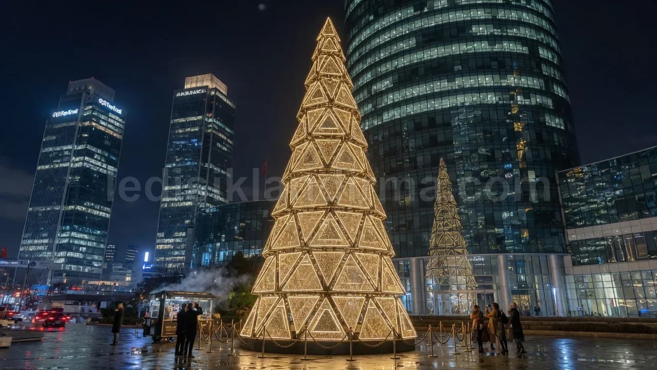 Döşemealtı - Meydanda ucgen LED isikli koni agaclar