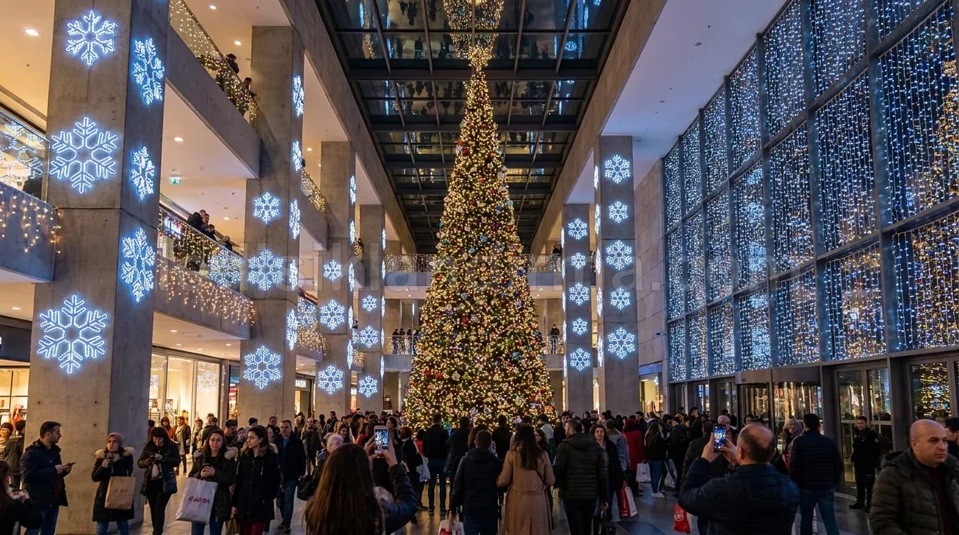 AVM atrium dev cam agaci kar tanesi yansima