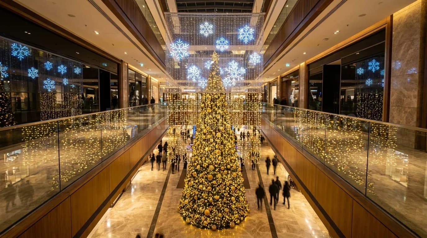 Alisveris merkezi atriumunda dev isikli yilbasi agaci