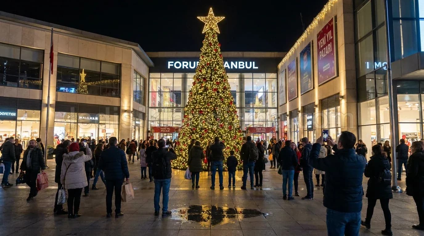 AVM girisinde isikli yilbasi agaci ve ziyaretciler