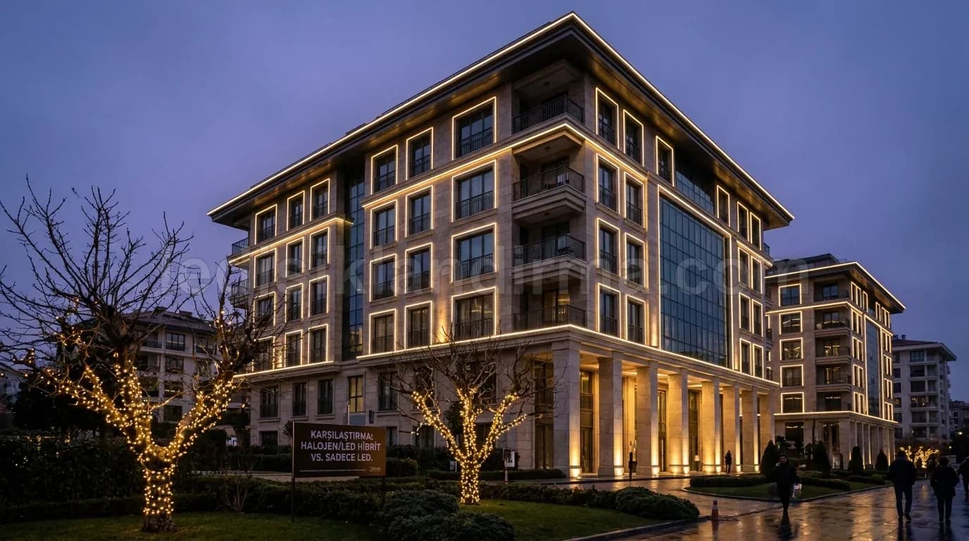 Rize - Buyuk bina cephesi gece agaclarda sicak LED