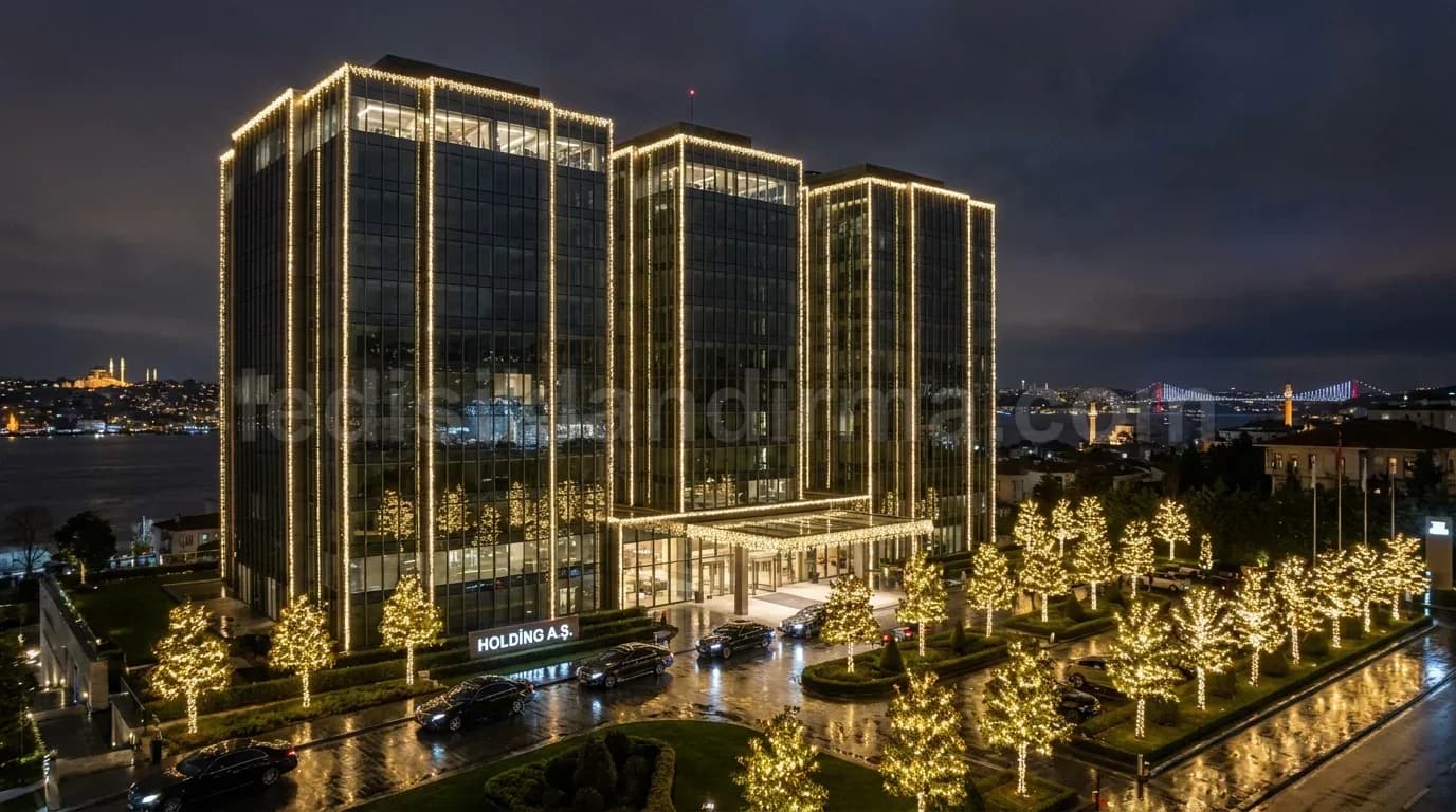 Sinop - Plaza kuleleri ve agac dizisi gece aydinlatma