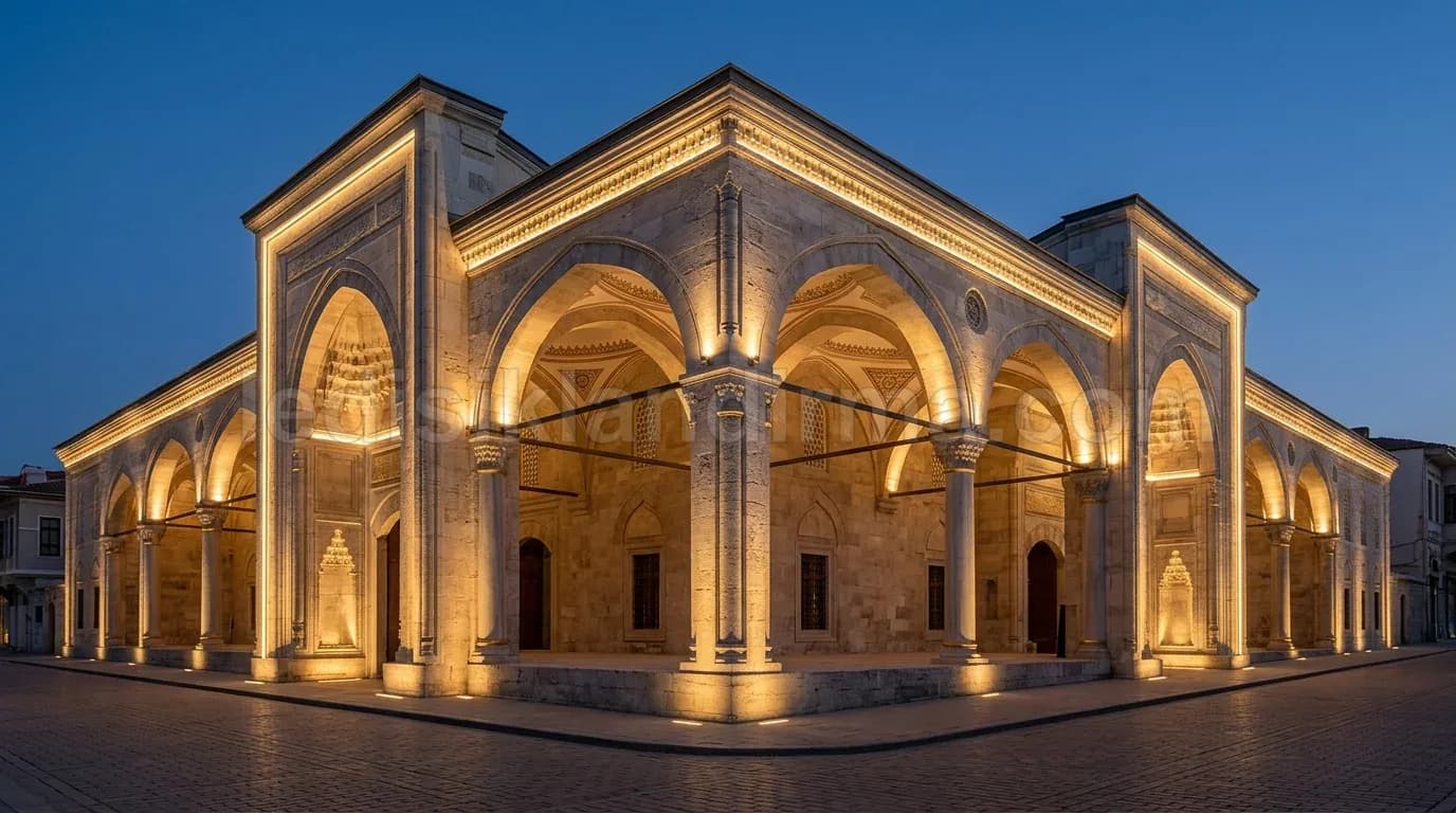 İbradı - Tarihi cami revakli avlu disardan aydinlatma gece