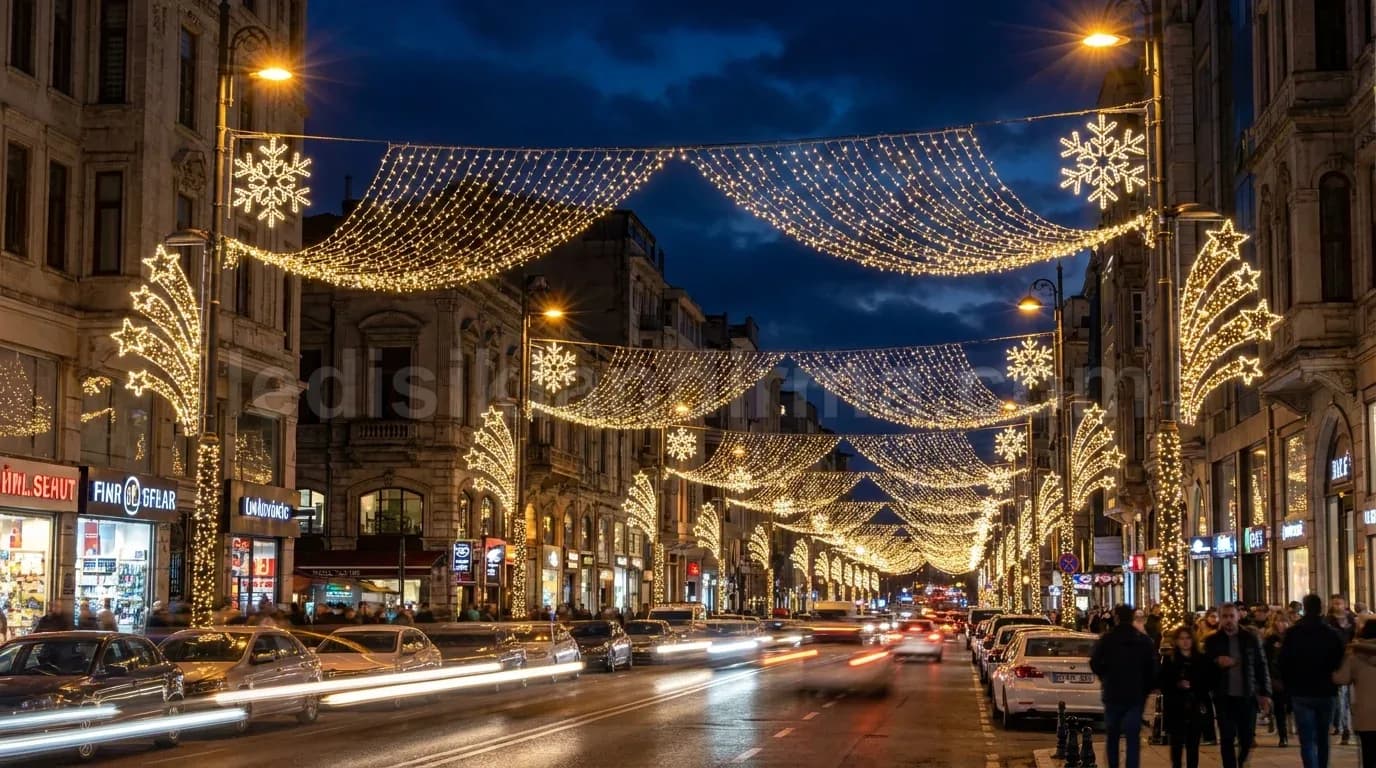 Korkuteli - Cadde boyunca altin ipsi LED ve kar tanesi motifleri