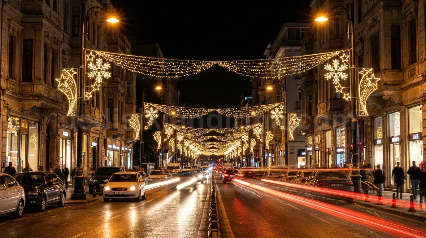 Kumluca - Cadde uzeri altin sarisi motif aydinlatma kemerleri