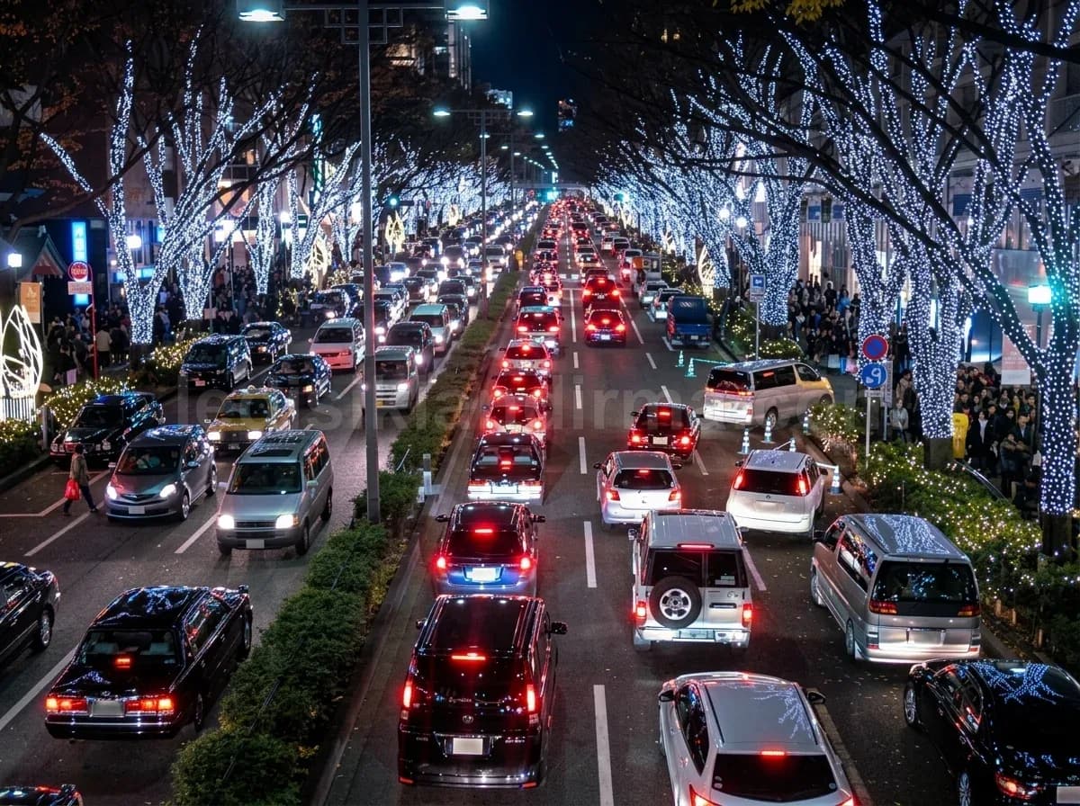 Güzelbahçe - Bulvarda mavi LED sarili agacli trafik manzarasi