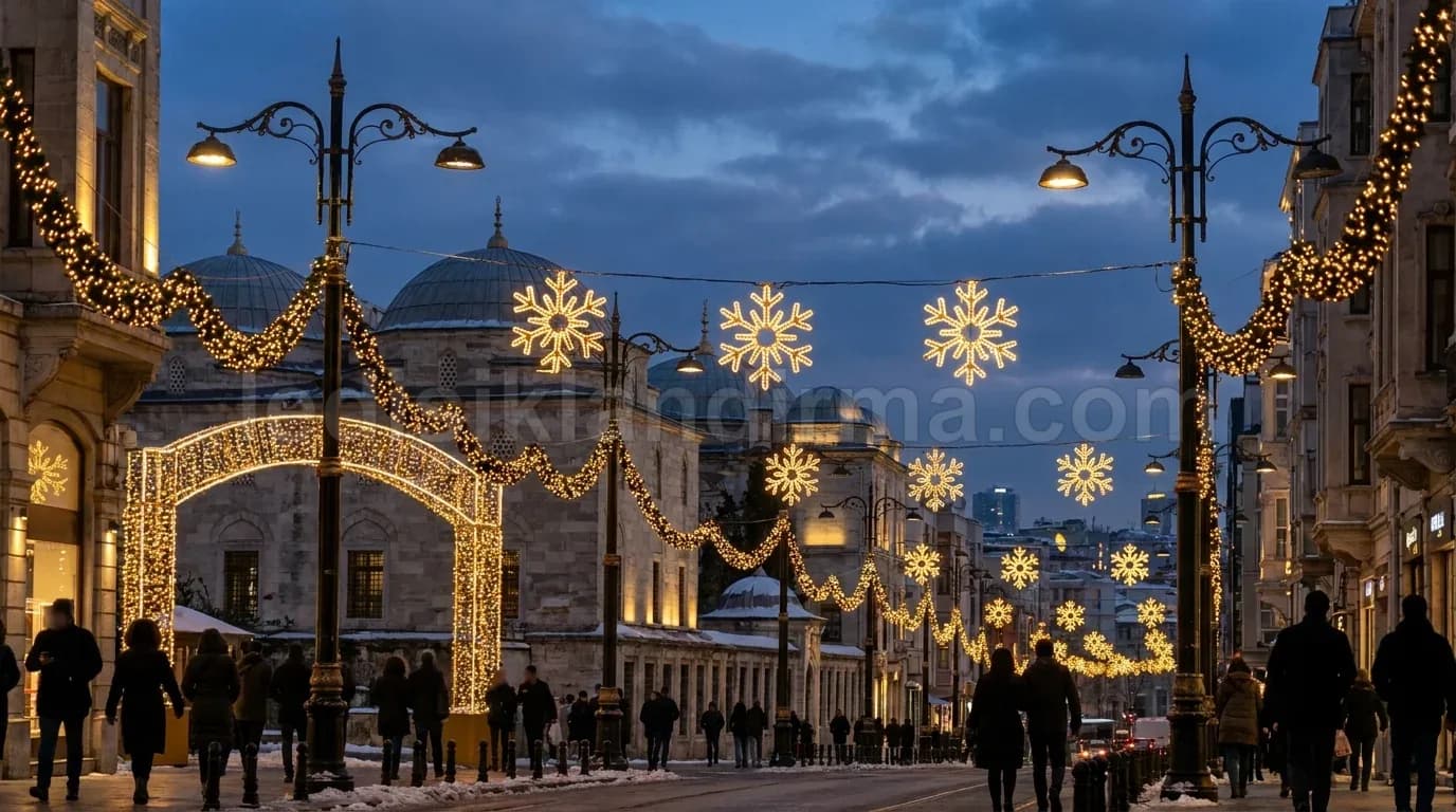 Kumluca - Cadde direklerinde altin kar tanesi motifleri cami arka plan
