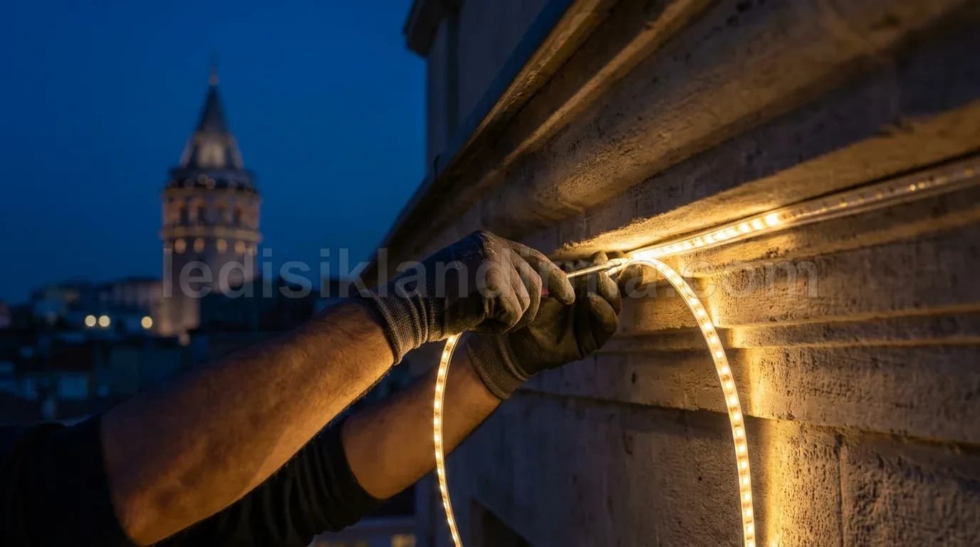 Buca - Galata kulesi onunde duvara serit LED montaji