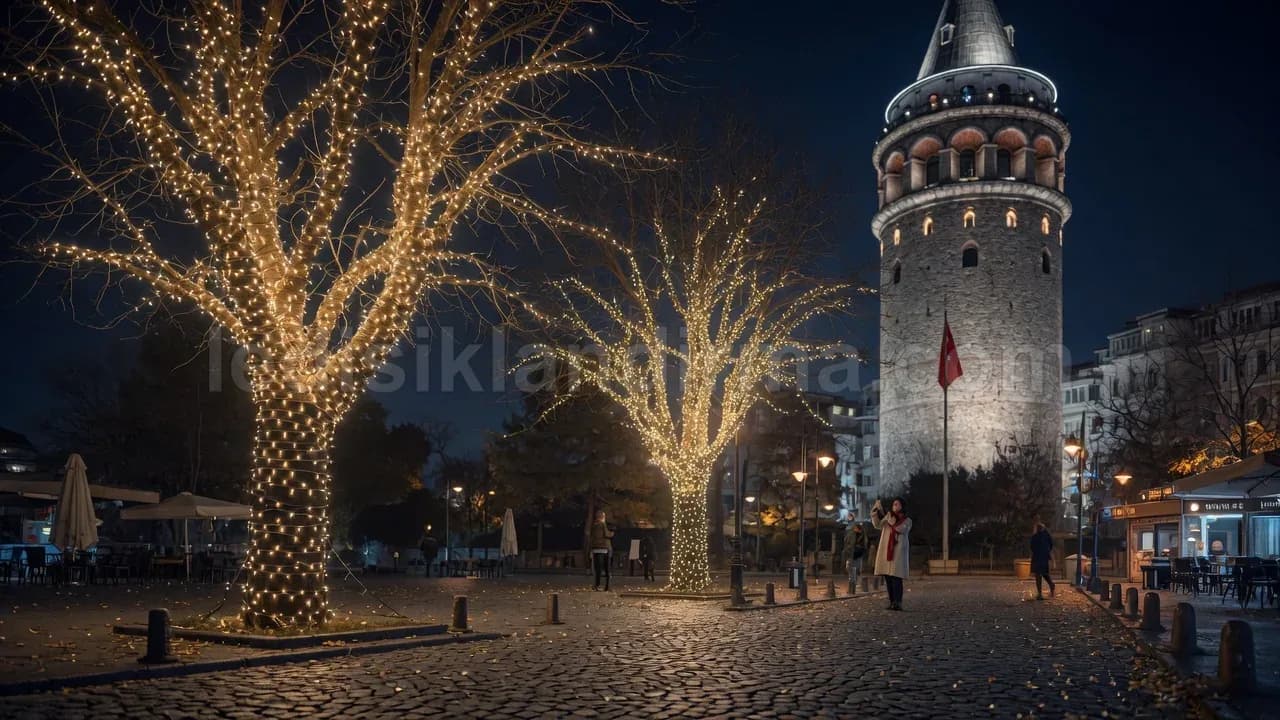 Uşak - Galata meydani isikla sarili agaclar ve kule