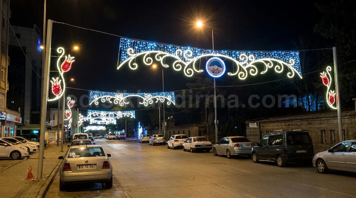 Orhaneli - Cadde uzeri kemer motif led aydinlatma ve lale figur