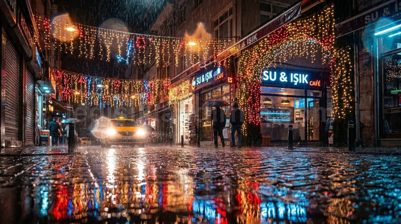 Demre - Yagmurlu cadde uzeri renkli isik susleme ve kafe