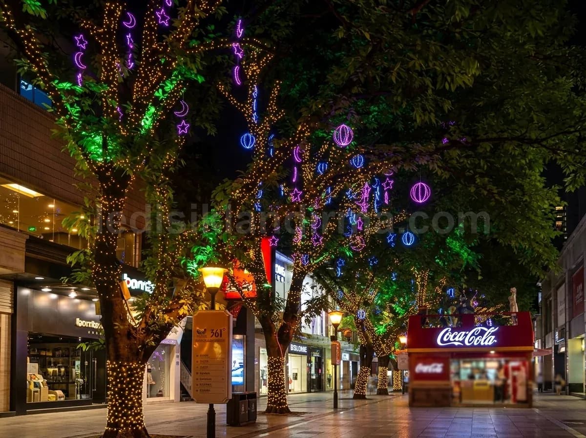 Karabağlar - Caddede renkli motif kure ve isikli agaclar
