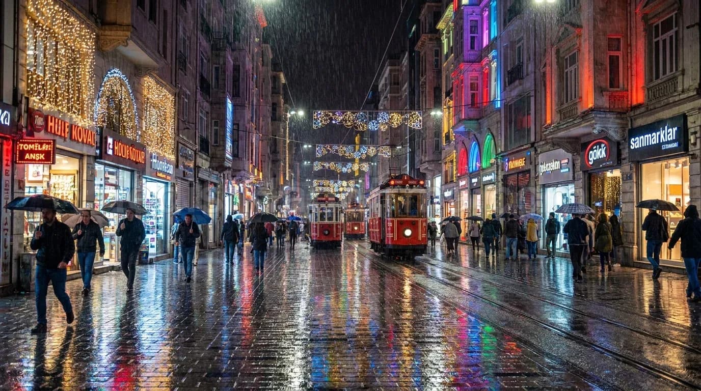 Zonguldak - Tarihi tramvayli cadde gece isik suslemesi