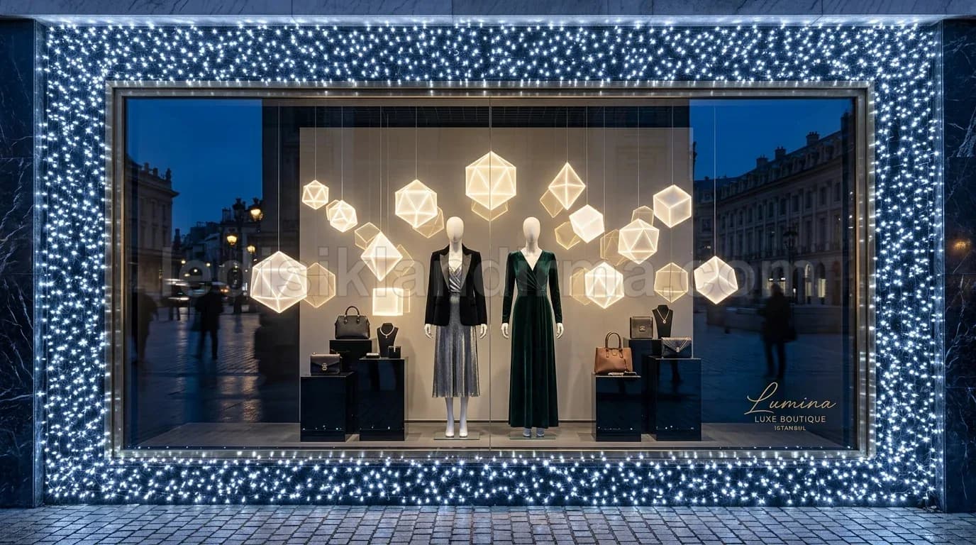 Nallıhan - Magaza vitrini yildiz kup figurleri ve ipsi LED cerceve
