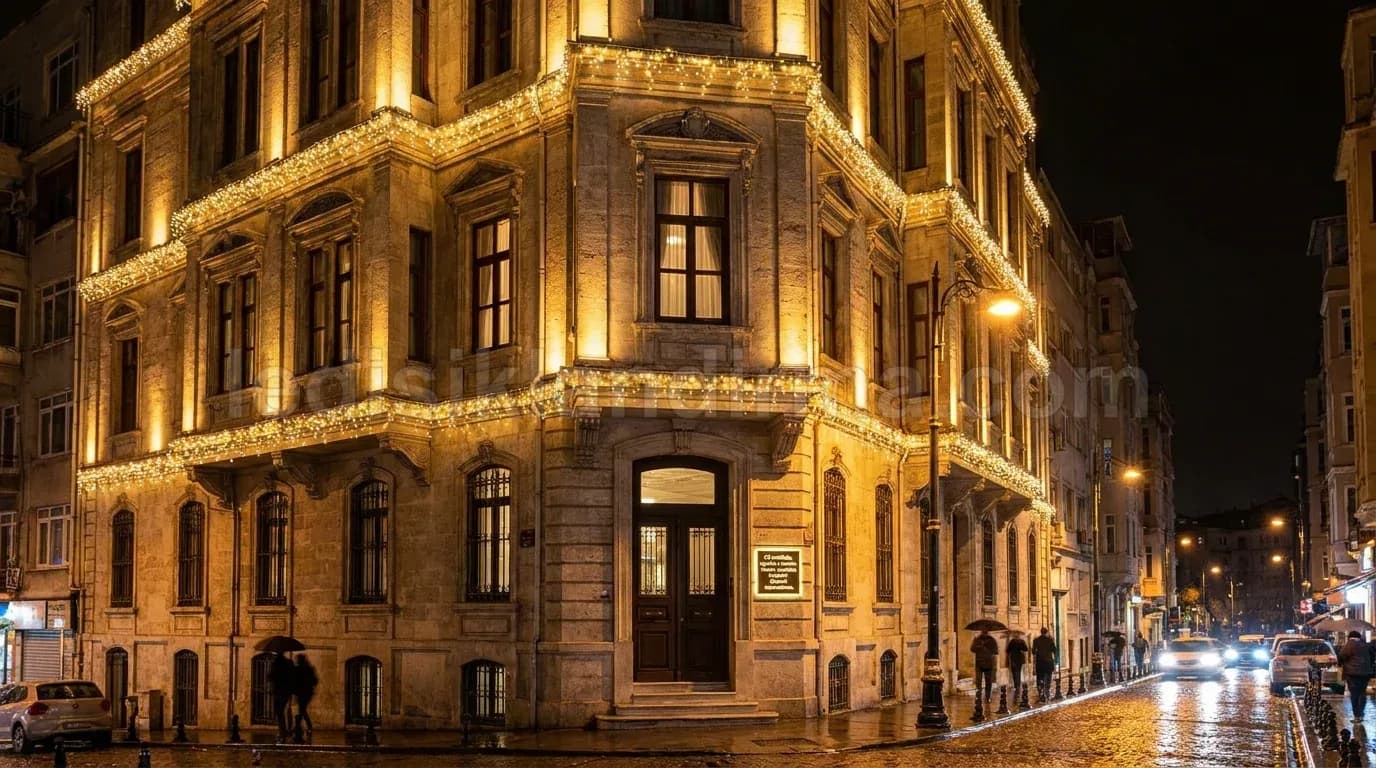 Şereflikoçhisar - Kose bina cephesi sicak beyaz kenar isik aydinlatmasi