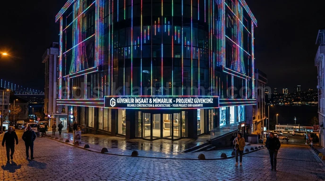 Bayraklı - Bina cephesi renkli dikey LED seritleri gece
