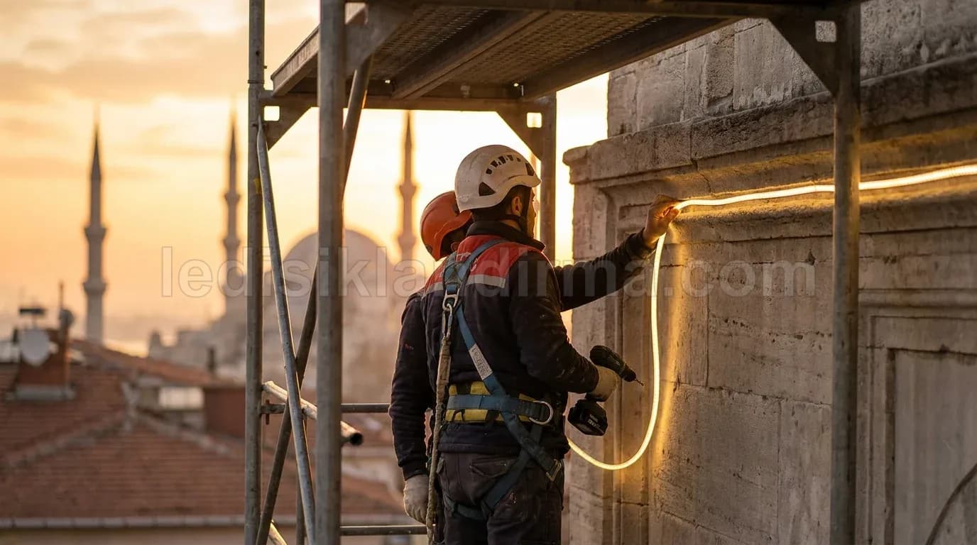 Kepez - Cami cephesinde isci LED serit kurulumu minareler arkada
