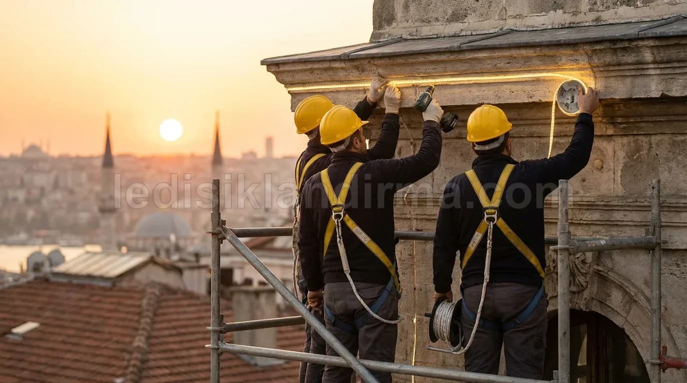 Konyaaltı - Cami cephesinde isciler LED serit montaji gun batiminda
