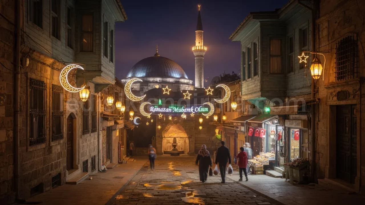 Akyurt - Cami onunde Ramazan mahyasi hilal yildiz susleme