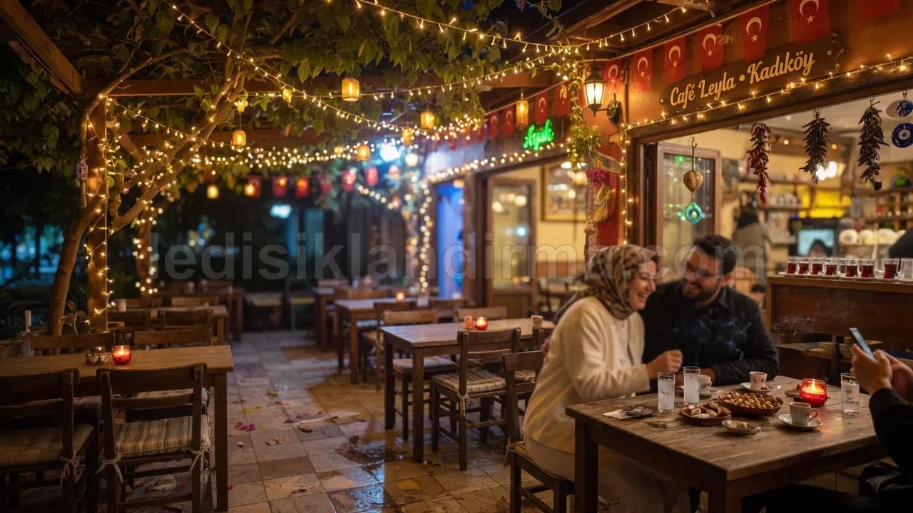 Manavgat - Kafe bahcesi peri isigi Turk bayraklari ve misafirler
