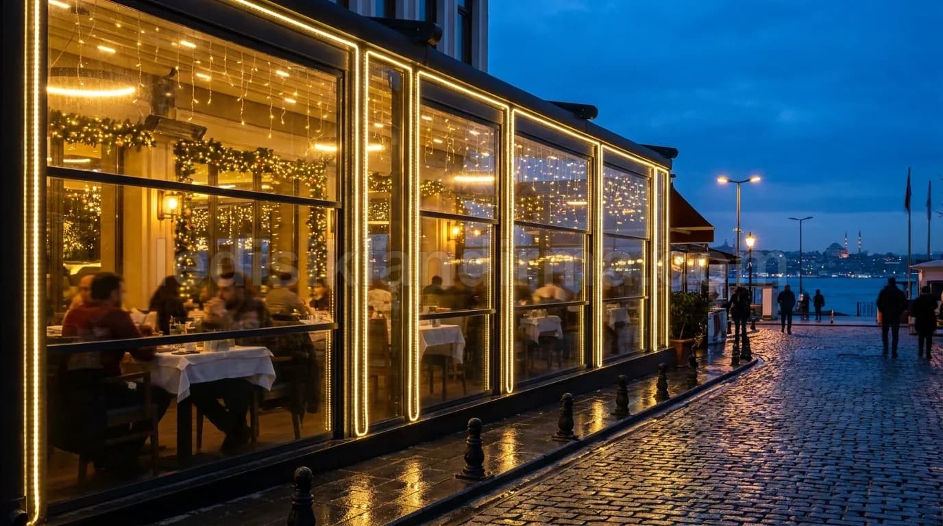 Şanlıurfa - Kiyi restoran cam terasi LED perde aydinlatma