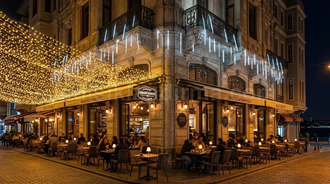 Yenimahalle - Restoran terasi acik oturma alani buz sacagi isiklari