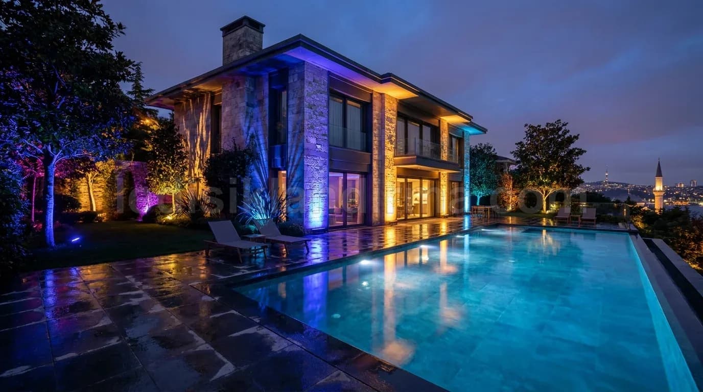 Siirt - Havuz basi luks villa renkli cephe aydinlatma