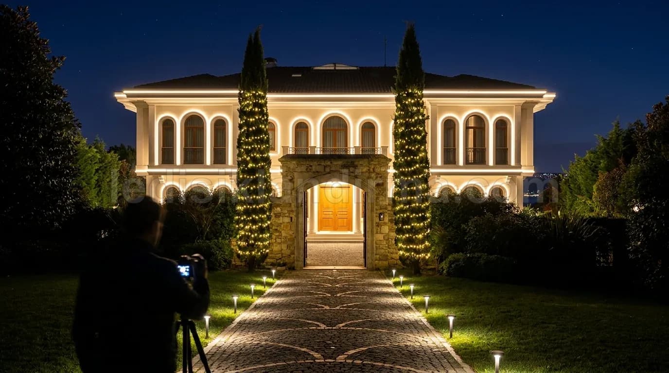 Samsun - Aydinlatilmis luks villa cephesi ve servi agaclari