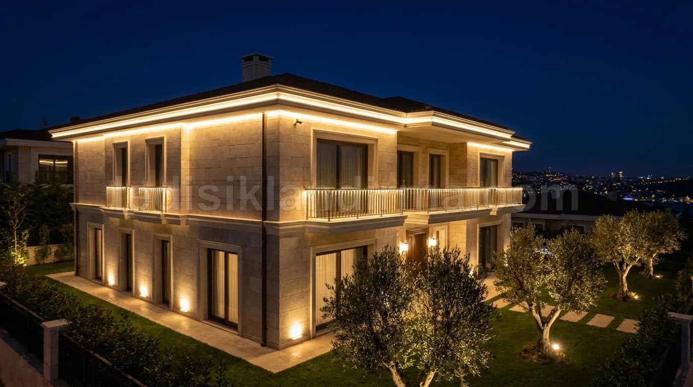 Demre - Luks villa cephe gizli isik aydinlatmasi gece bahce