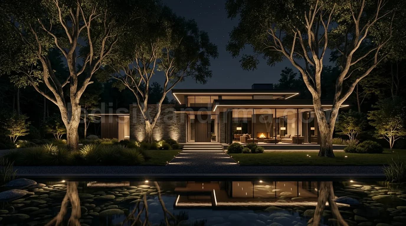 Çeşme - Modern villa bahce aydinlatma gece havuz yansimasi